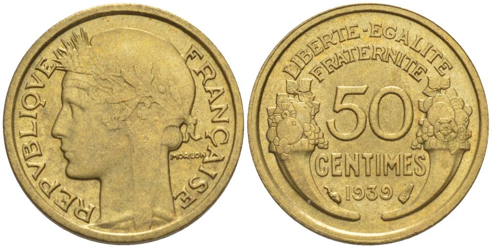 ФРАНЦИЯ 50 САНТИМОВ 1939 ТИП MORLON KM 894.1, LE FRANC 192.15 алюминиевая бронза 44-826