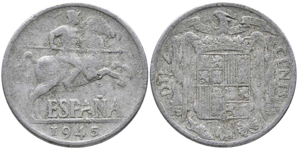 ИСПАНИЯ 10 СЕНТИМО 1945 РЫЦАРЬ НА КОНЕ KM 766 алюминий 110-932