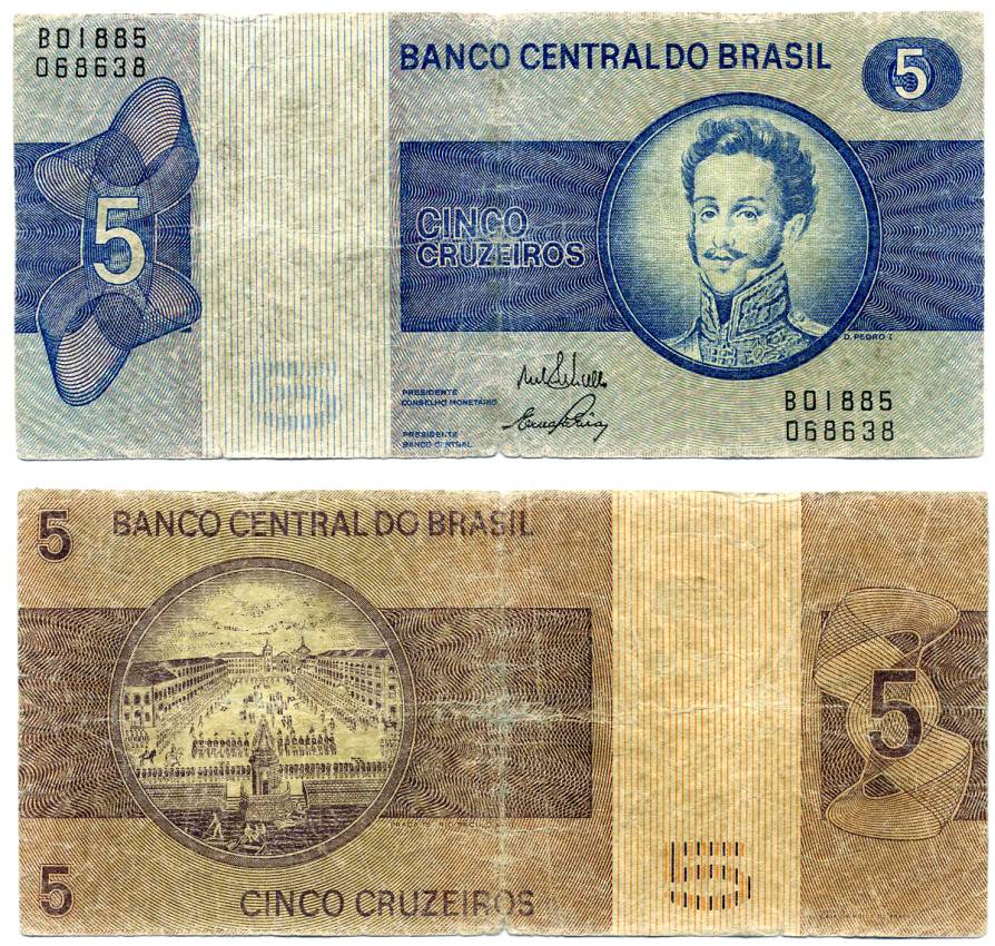 БРАЗИЛИЯ 5 КРУЗЕЙРО 1973 ПОДПИСЬ 17, СЕРИЯ В Pick 192b бумага VF 7486-2-3