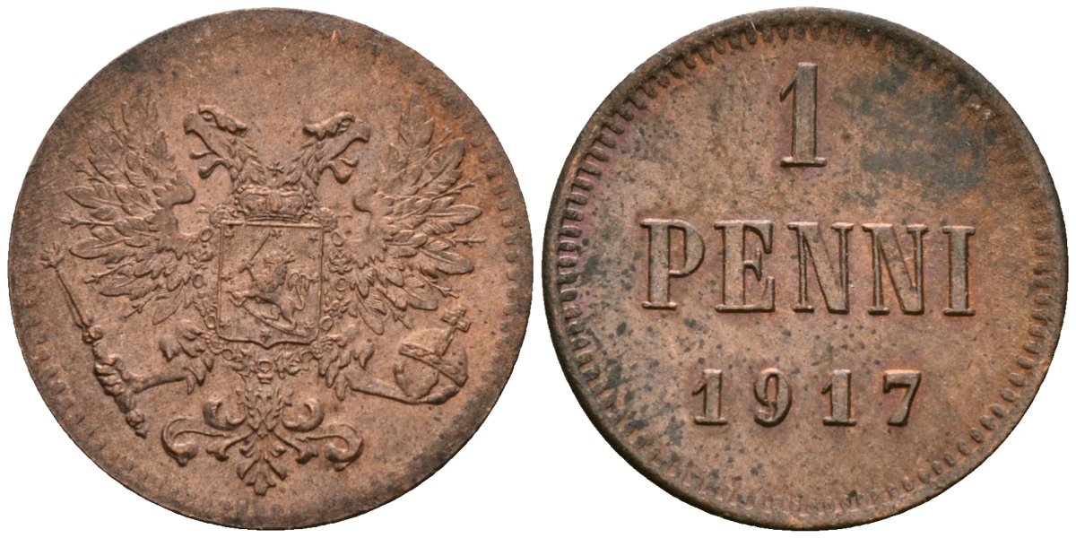 Россия для Финляндии 1 пенни 1917 временное правительство (03.19817-10.1917), без короны KM 16, Биткин 5 медь 4580-1248