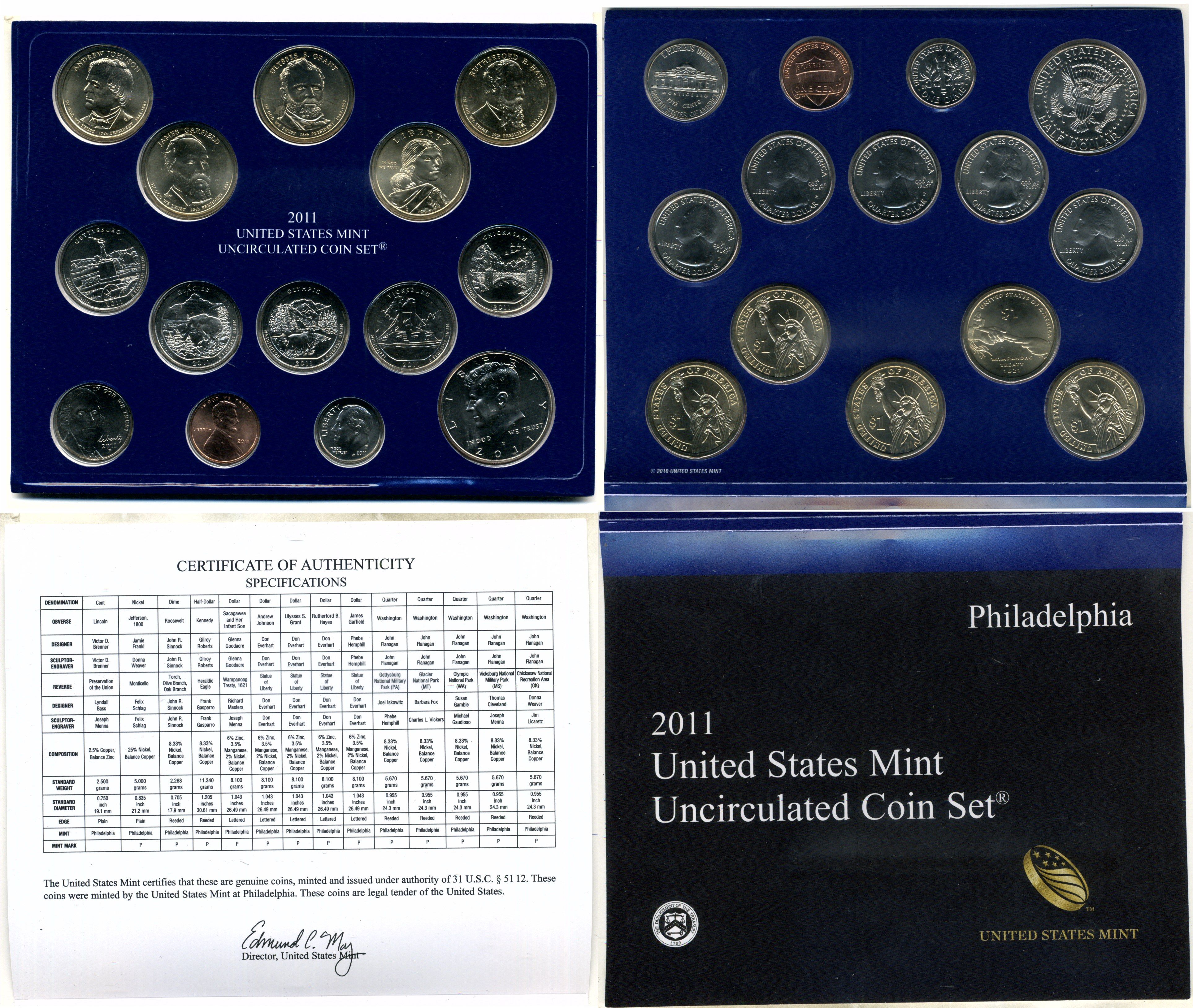 США полный годовой набор из 14 монет (1, 5, 10 (дайм) и 25 (квотер) центов; 1/2 (50 центов) и 1 доллар) 2011 P, в оригинальной упаковке с сертификатами KM 468, 381, 195a, A202b, 494, 495, 496, 497, 498, 499, 500, 501, 502 и 503 UNC 8-2-06-38