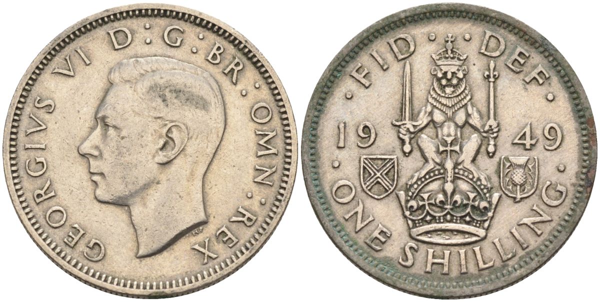 Великобритания 1 шиллинг 1949 Георг VI (1936-1952), Шотландский герб KM 877, Spink 4109 медно-никель 4126-413