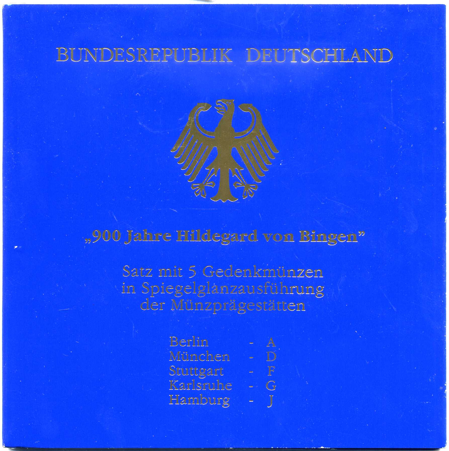 ФРГ набор из 5 штук по 10 марок 1998 A, D, F, G, J, 900 лет со дня рождения Хильдегарда Бингенская KM 193 серебро PROOF 6-5-2-2