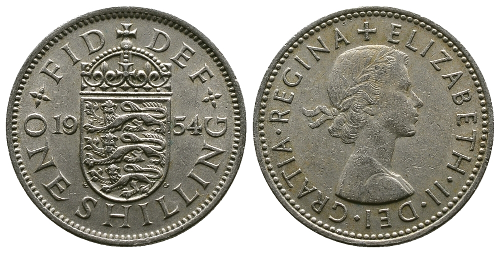 Великобритания 1 шиллинг 1954 Елизавета II (1952-2022), Английский герб KM 904, Spink 4147 медно-никель 4384-254