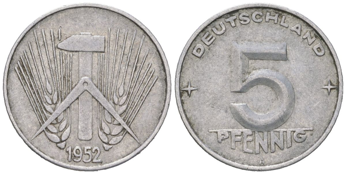 ГДР 5 пфеннигов 1952 A KM 6 алюминий 206-551