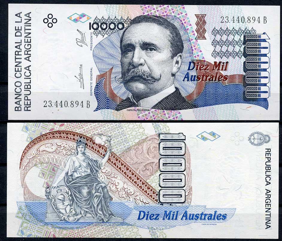 Аргентина 10000 аустралей ND (1989-1991) Карлос Пеллегрини, статуя прогресса Pick 334 a  бумага  UNC (пресс) 447-118-3