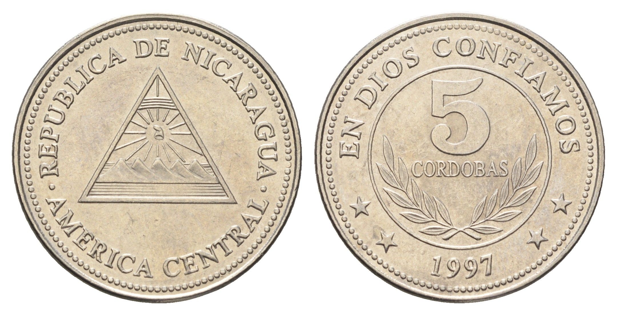 Никарагуа 5 кордоб 1997 KM 90 сталь плакированная никелем aUNC 4666-812