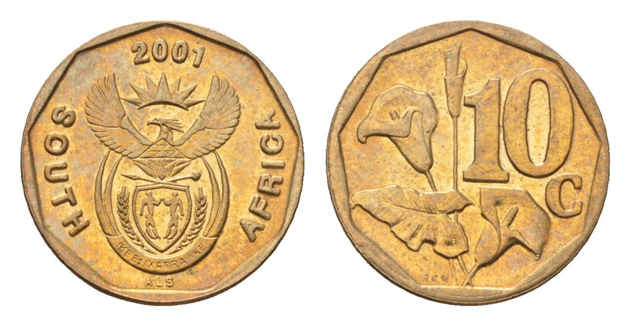 ЮАР 10 центов 2001 герб, цветок алоэ KM 224 сталь плакированная бронзой UNC 4694-813