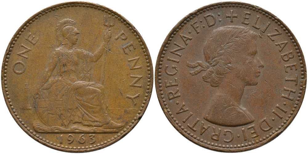 Великобритания 1 пенни 1963 Елизавета II (1952-2022) КМ 897, Spink 4157 бронза 115-443
