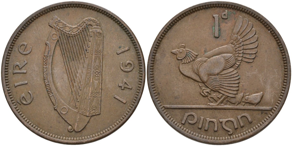 Ирландия 1 пенни 1941 курица с цыплятами KM 11 бронза 4137-712