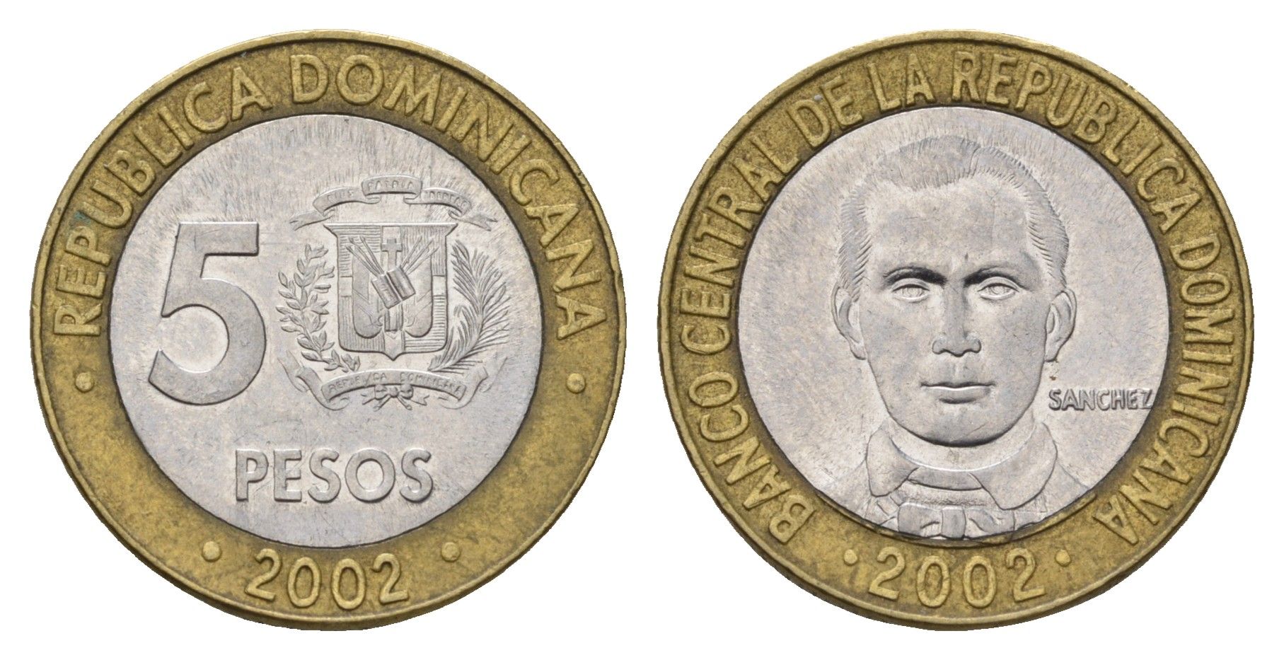 Доминиканская Республика (Доминикана) 5 песо 2002 Санчес KM 89 биметалл 4703-441