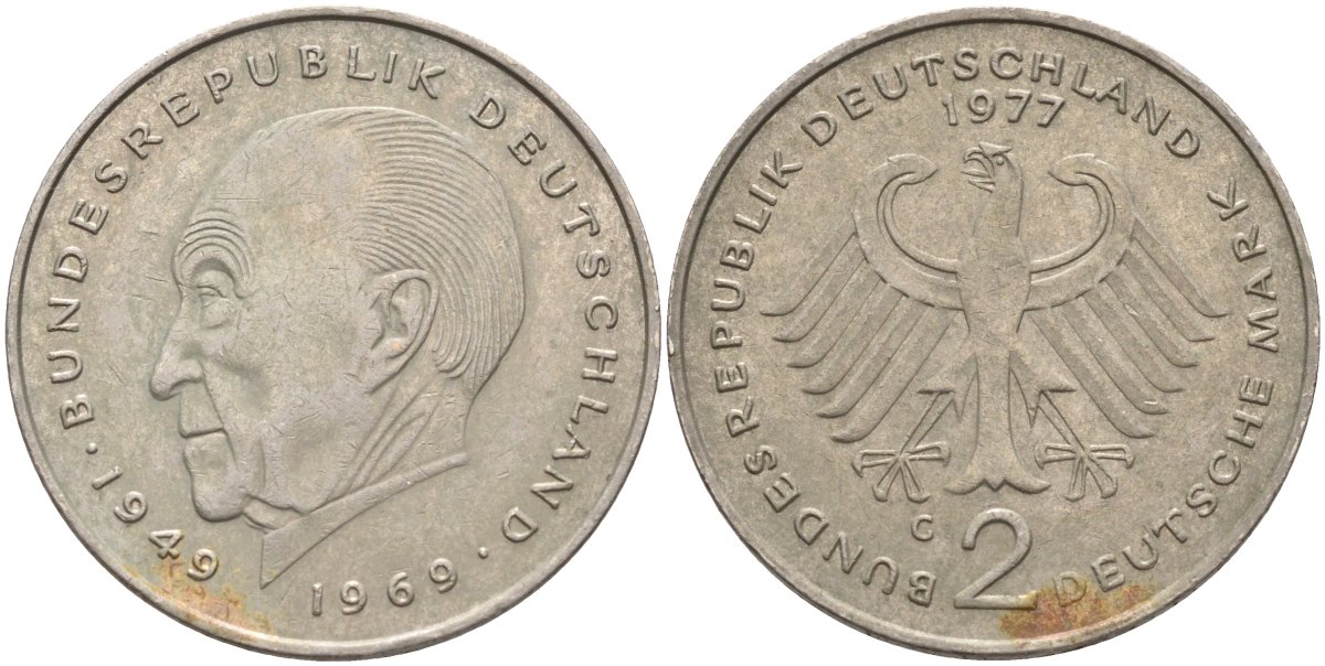 ФРГ 2 марки 1977 G, Конрад Аденауэр, 20 лет Федеративной Республике (1949-1969) KM 124, J. 406 медно-никель плакированный никелем 4139-214