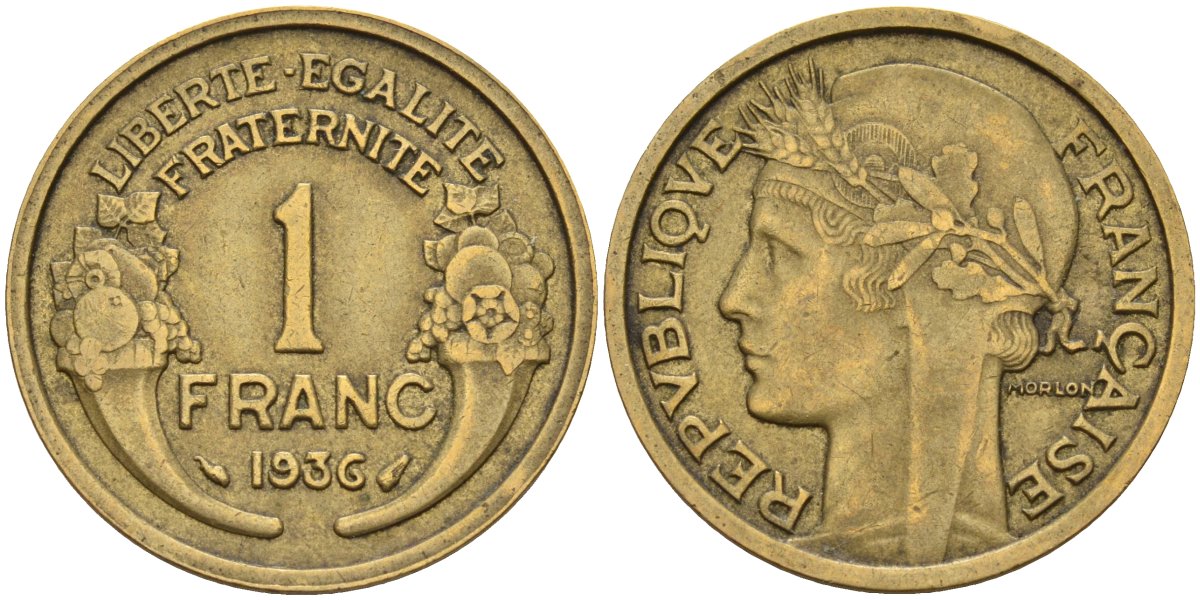 Франция 1 франк 1936 KM 885, Le Franc 219.2 алюминиевая бронза 4142-836