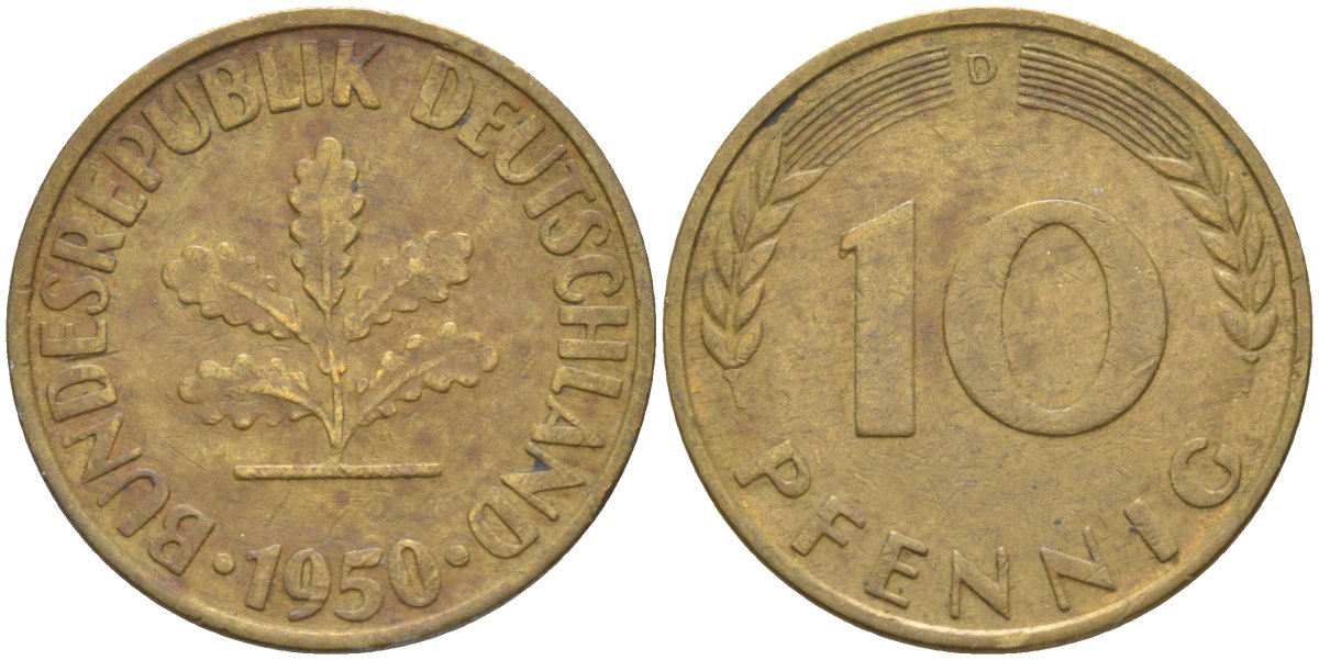 ФРГ 10 пфеннигов 1950 D KM 108, J.383 сталь плакированная латунью 219-1046