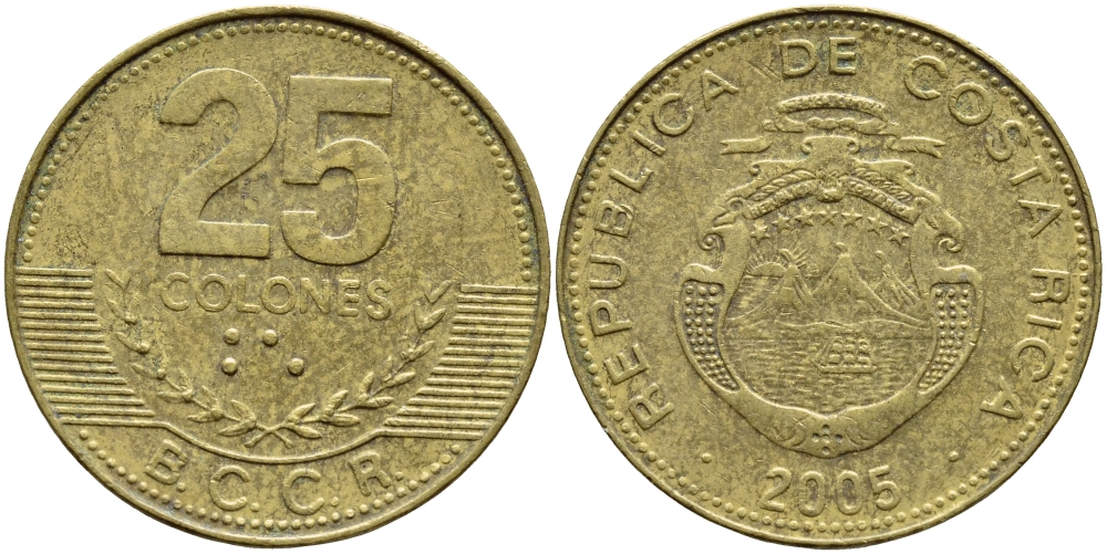 Коста-Рика 25 колонов 2005 B.C.C.R., год тип KM 229а.1 латунь 3459-133