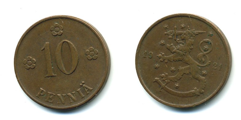 Финляндия 10 пенни 1921 республика (1918-1962) KM 24 медь 46-127