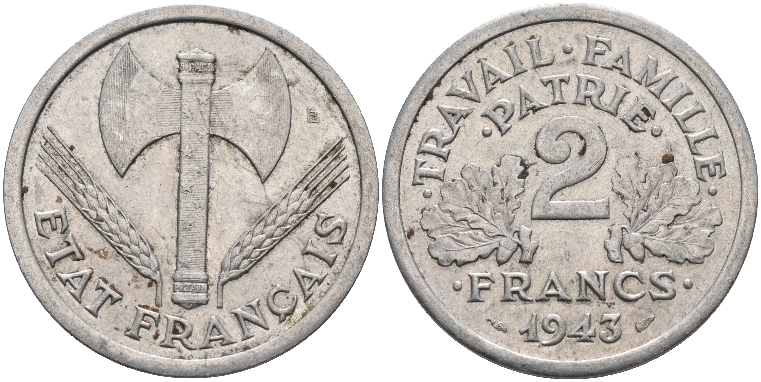 Франция 2 франка 1943 правительство Виши KM 904.1 алюминий 4589-556