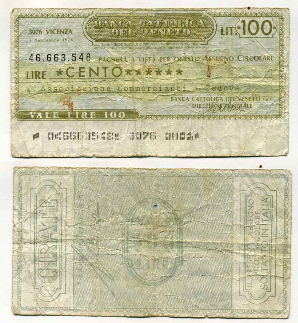 Италия чек на 100 лир 1976 Banca cattolica del veneto, ассоциация торговцев Padova, 7 сентября 1976 бумага 8588-14-1-1