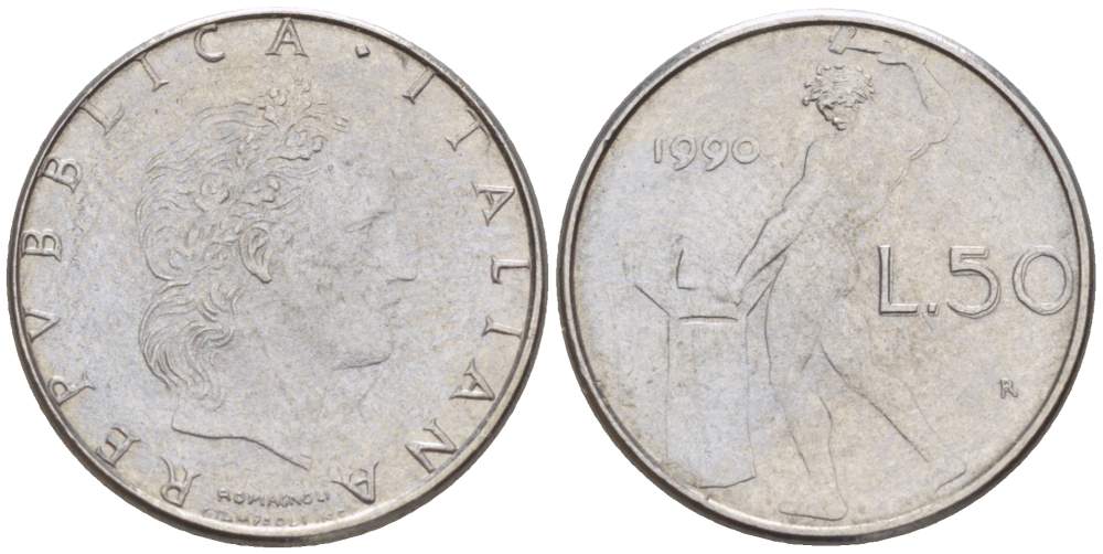ИТАЛИЯ 50 ЛИР 1990 R, КУЗНЕЦ, ВУЛКАН БОГ ОГНЯ, ДИАМЕТР 16,5 ММ. KM 95.2 нержавеющая сталь 4528-111