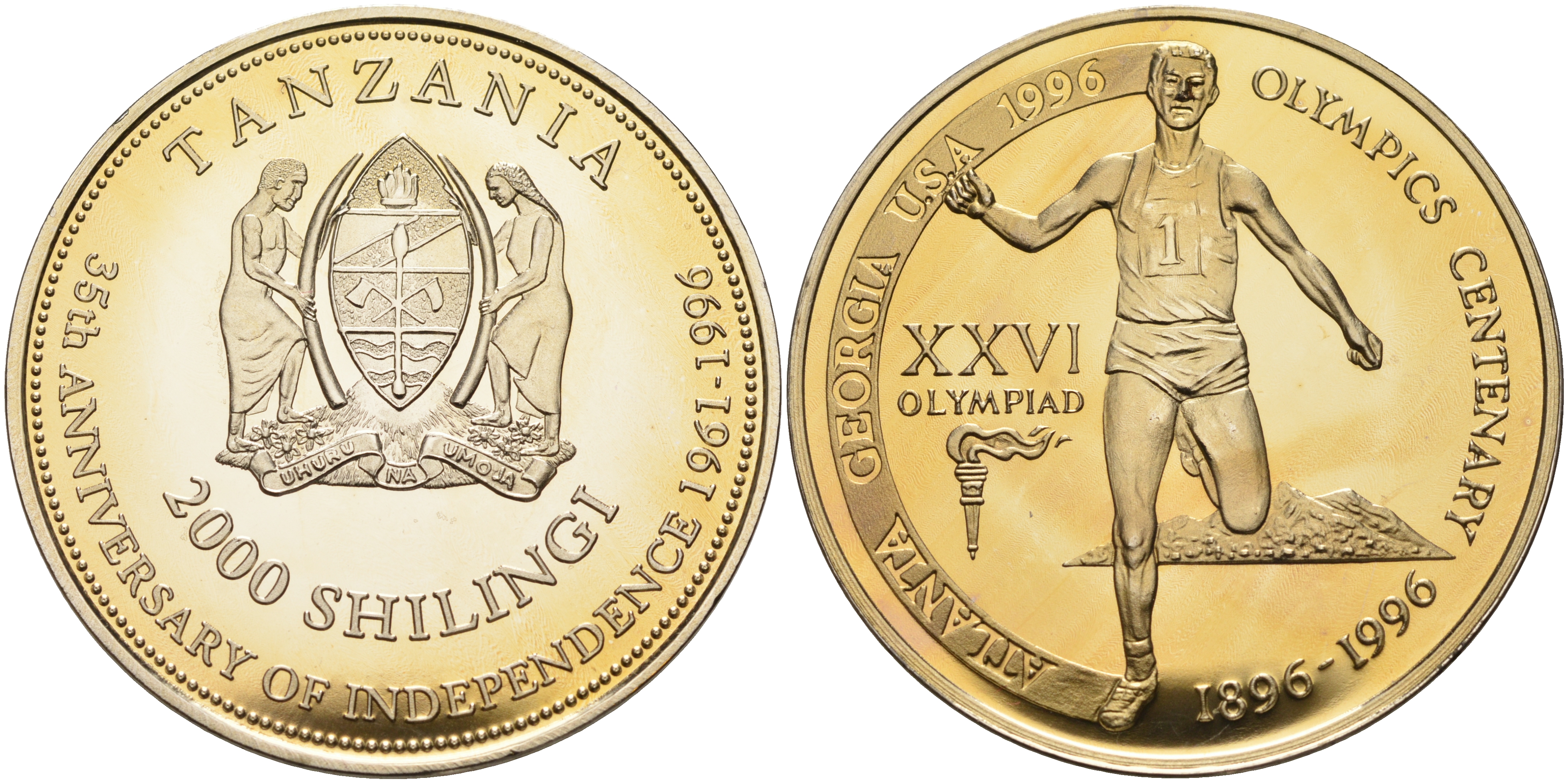 Танзания 2000 шиллингов 1996 XXVI Олимпийские игры 1996 года в Атланте, 100 лет Олимпийскому движению, финиш пробник, гладкий гурт медно-никель PROOF 06-156-42