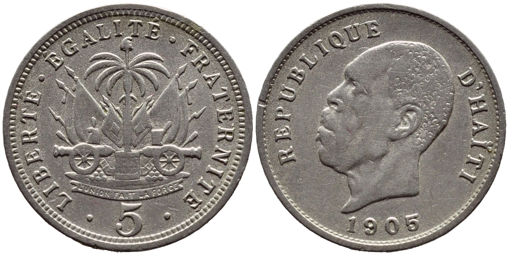 Гаити 5 сантимов 1905 Президент Пьер Нор Алексис KM 53 медно-никель 4609-752