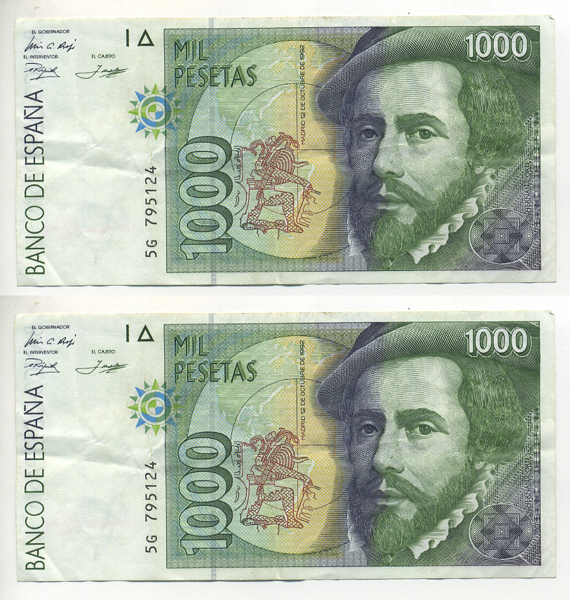 ИСПАНИЯ 1000 ПЕСЕТ 1996 12 ОКТЯБРЯ 1992, ГЕРМАН КОРТЕС, ФРАНСИСКО ПИСАРРО Pick 163 бумага 7553-31-3