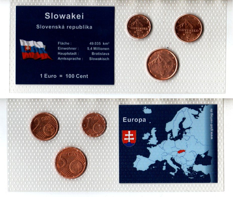 Словакия набор из 3 монет (1, 2 и 5 евроцентов) 2009 и 2010 в красочной упаковке с информацией о стране KM 95, 96 и 97 UNC 5-4-1-103