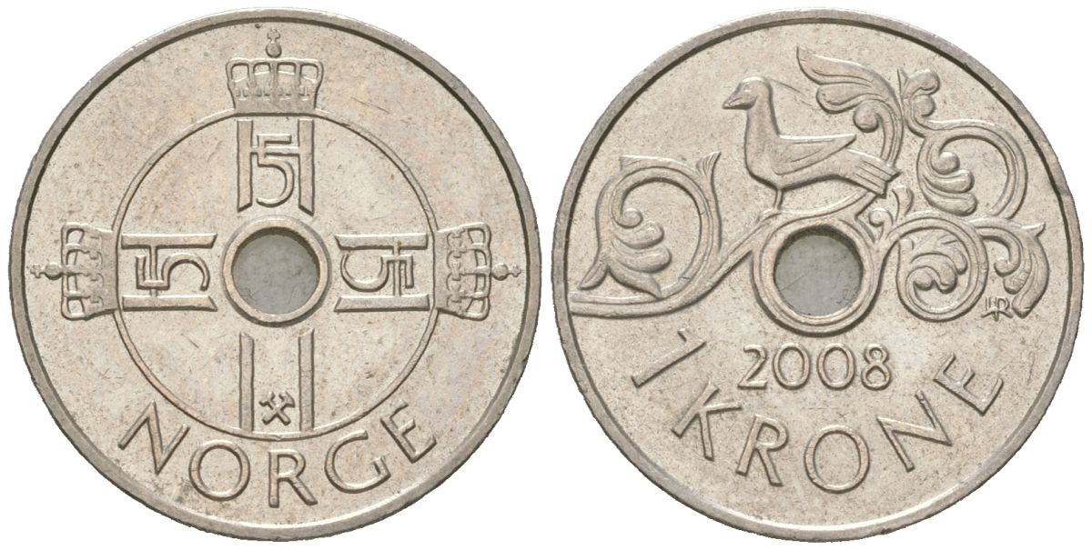 Норвегия 1 крона 2008 Харальд V (1991-) KM 462 медно-никель aUNC 4617-1069