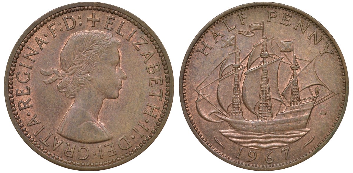 Великобритания 1/2 пенни 1967 Елизавета II (1952-2022) KM 896, Spink 4158 бронза 72-421