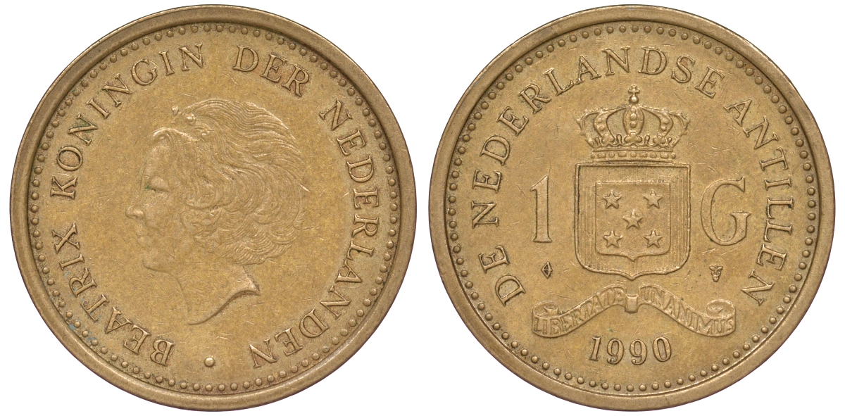Нидерландские Антилы 1 гульден 1990 Беатрикс (1980-2013) KM 37 позолоченная сталь 25-2011