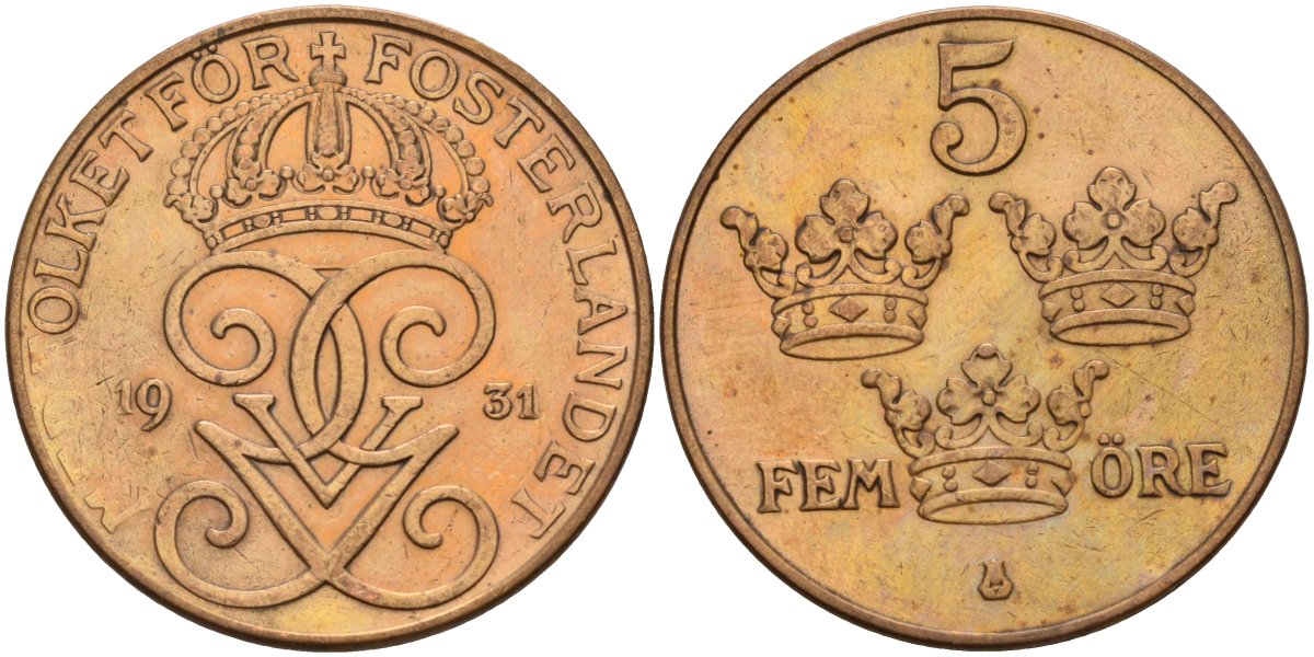 Швеция 5 эре 1931 Густав V (1907-1950) KM 779.2 бронза 4148-233