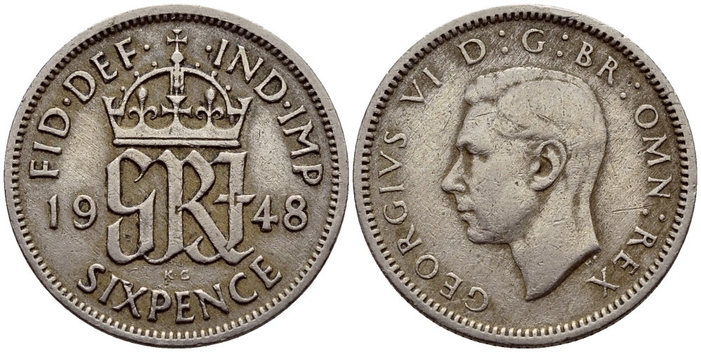 Великобритания 6 пенсов 1948 Георг VI (1936-1952) KM 862, Spink 4105 медно-никель 75-526