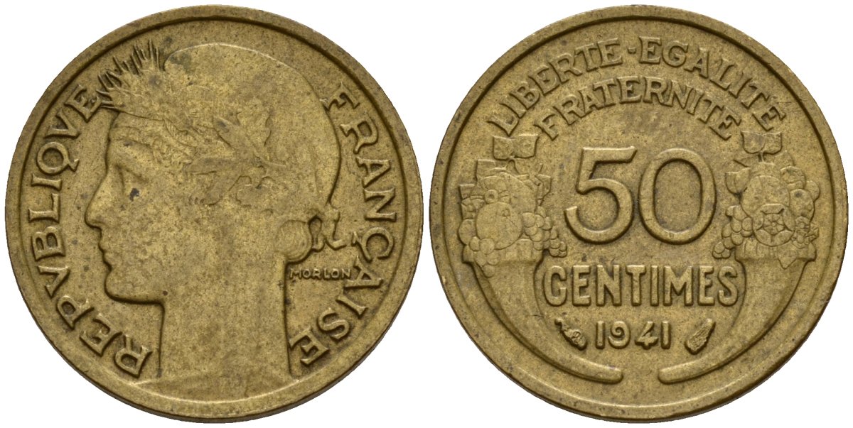 Франция 50 сантимов 1941 тип Морлон KM 894.1, Le Franc 192.15 алюминиевая бронза 4158-712