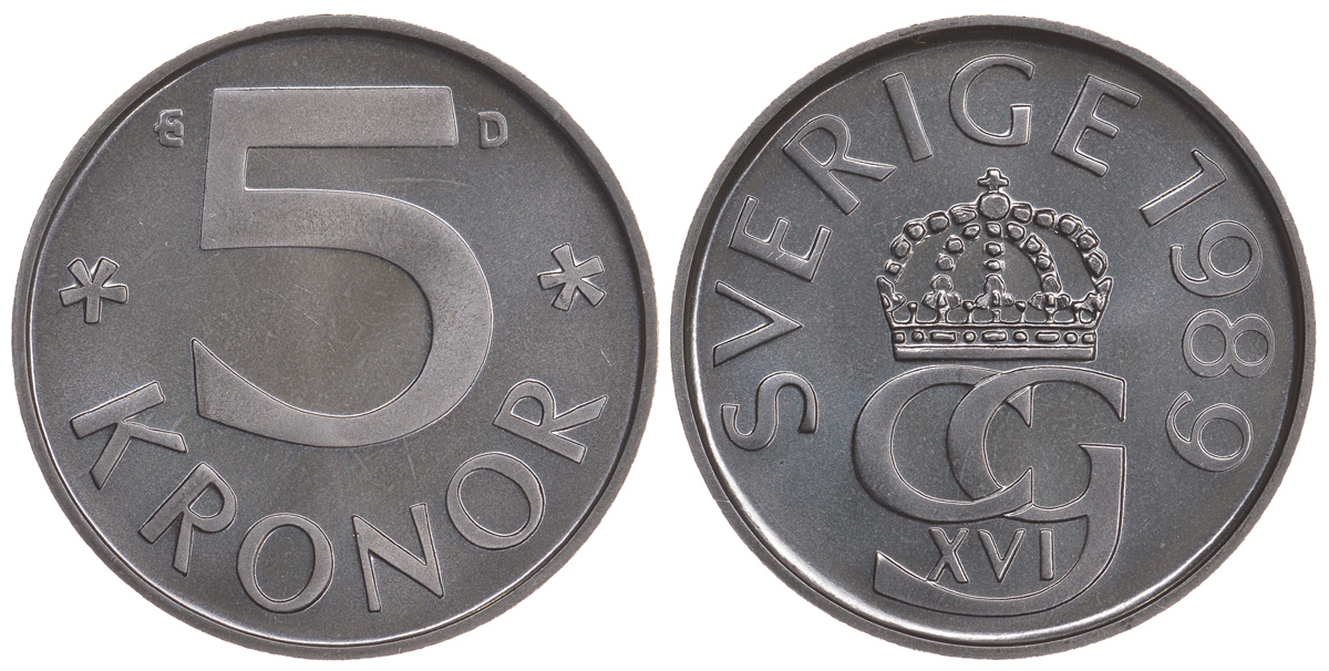 Швеция 5 крон 1989 D, Карл XVI Густав (1973- ) KM 853 медно-никель PROOFLIKE 3897-1112