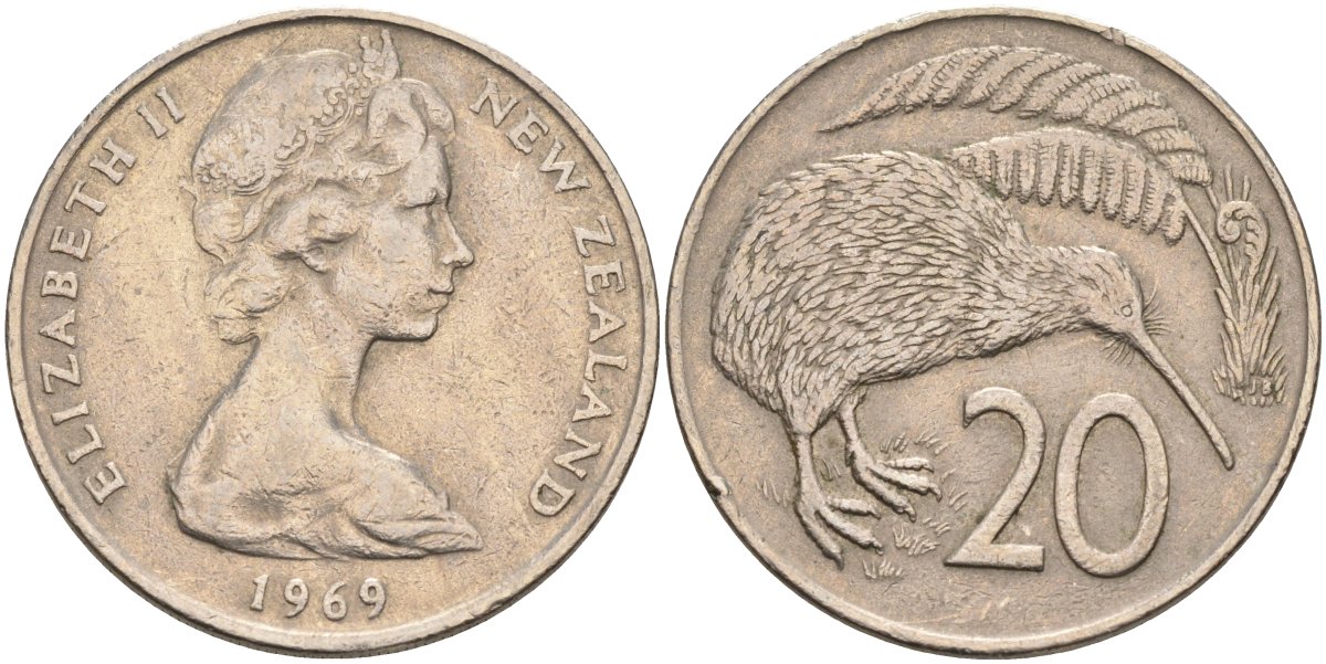 Новая Зеландия 20 центов 1969 Елизавета II (1952-2022), птичка киви KM 36.1 медно-никель 4131-1124