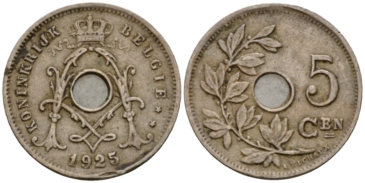 Бельгия 5 сантимов 1925 Belgie KM 67 медно-никель 4602-123