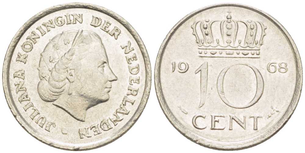 НИДЕРЛАНДЫ 10 ЦЕНТОВ 1968 ЮЛИАНА (1948-1980) KM 182 никель 214-1232