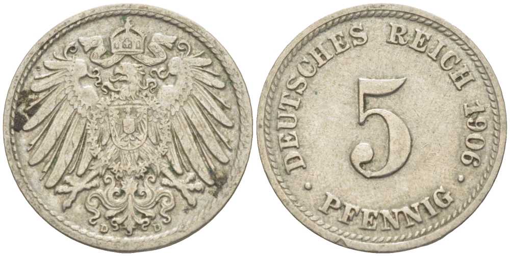 ГЕРМАНИЯ 5 ПФЕННИГОВ 1906 D KM 11, J. 12 медно-никель 105-121
