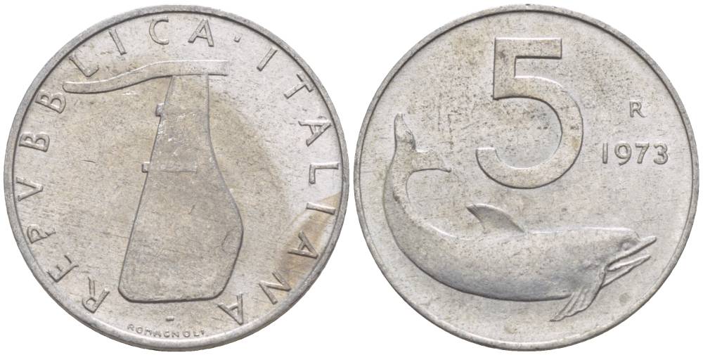 ИТАЛИЯ 5 ЛИР 1973 R, ДЕЛЬФИН, РУЛЬ KM 92 алюминий 4551-126