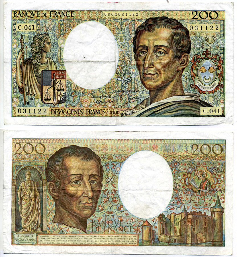 Франция 200 франков 1986 подписи: Strohl / Tronche / Dentaud Pick 155а бумага 7219-18-2-2