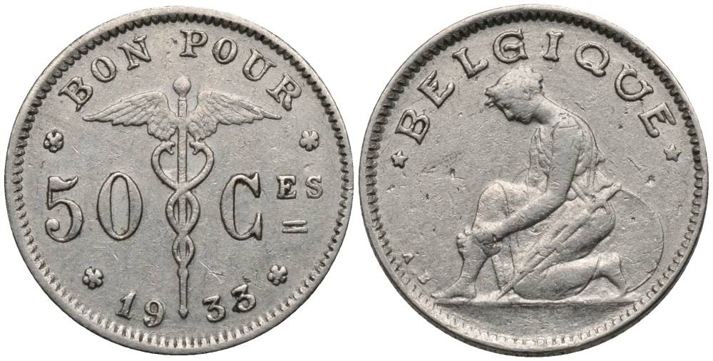 БЕЛЬГИЯ 50 САНТИМОВ 1933 BELGIQUE, АЛЬБЕРТ I (1909-1934) KM 87 никель 27-124