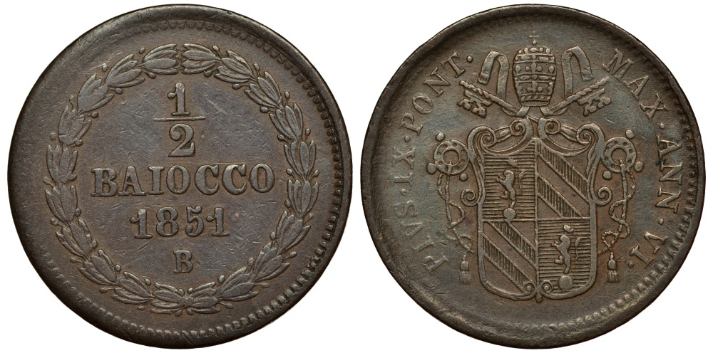 ВАТИКАН 1/2 БАЙОЧЧИ 1851 B, ГОД VI, ПАПА ПИЙ IX (1846-1878) KM 1355 (С166) медь 1521-1341