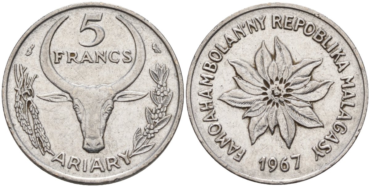 Мадагаскар 5 франков 1967 KM 10 сталь 4141-641