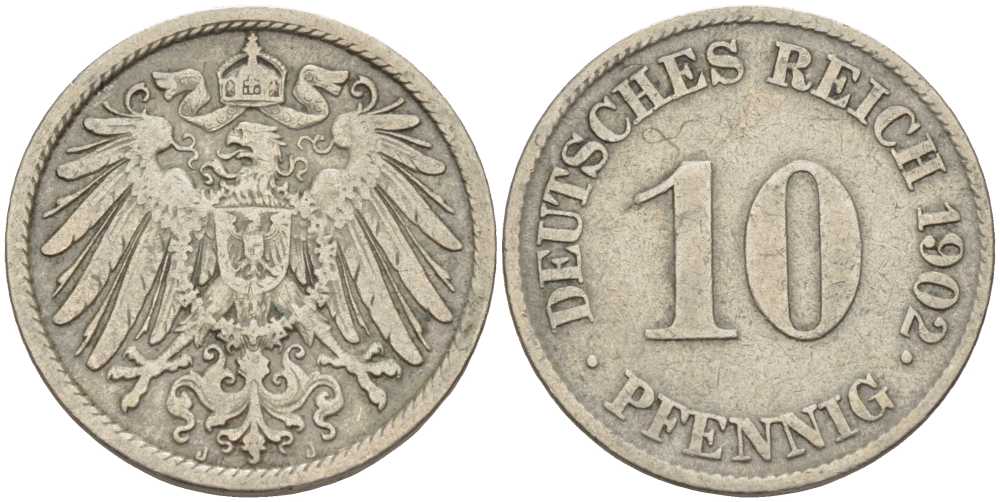 ГЕРМАНИЯ 10 ПФЕННИГОВ 1902 J KM 12, J. 13 медно-никель 4401-1234