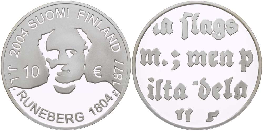 Финляндия 10 евро 2004 200 лет со дня рождения Йохана Людвига Рунеберга, поэт KM 115 серебро  PROOF 1085-9-44