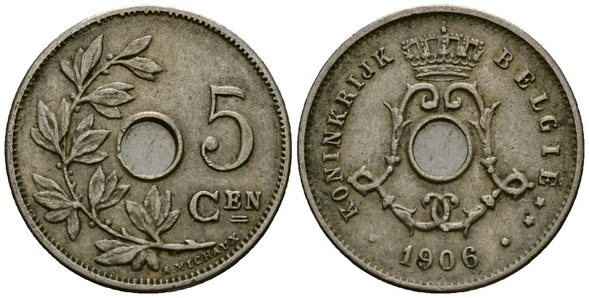 Бельгия 5 сантимов 1906 Belgie, Леопольд II (1865-1909) KM 55 медно-никель 4173-155