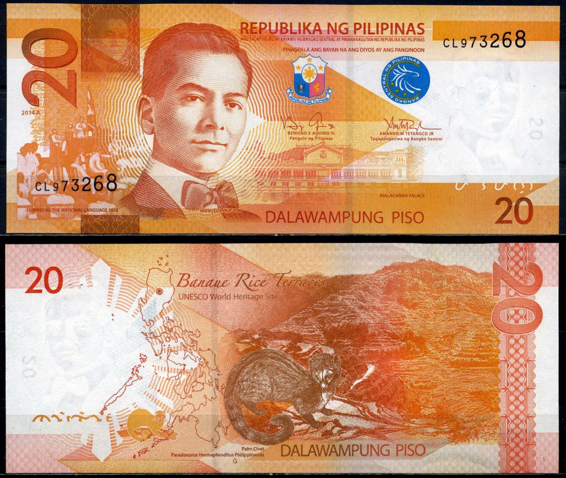 Филиппины 20 писо 2014 A Мануэль Кесон, signatures: Aquino III & Tetangco Pick 206a бумага UNC (пресс) 8602-48-4-2
