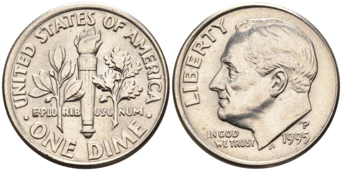США 10 центов = дайм 1995 P, Рузвельт КМ 195а медь плакированная медно-никелем 4567-624