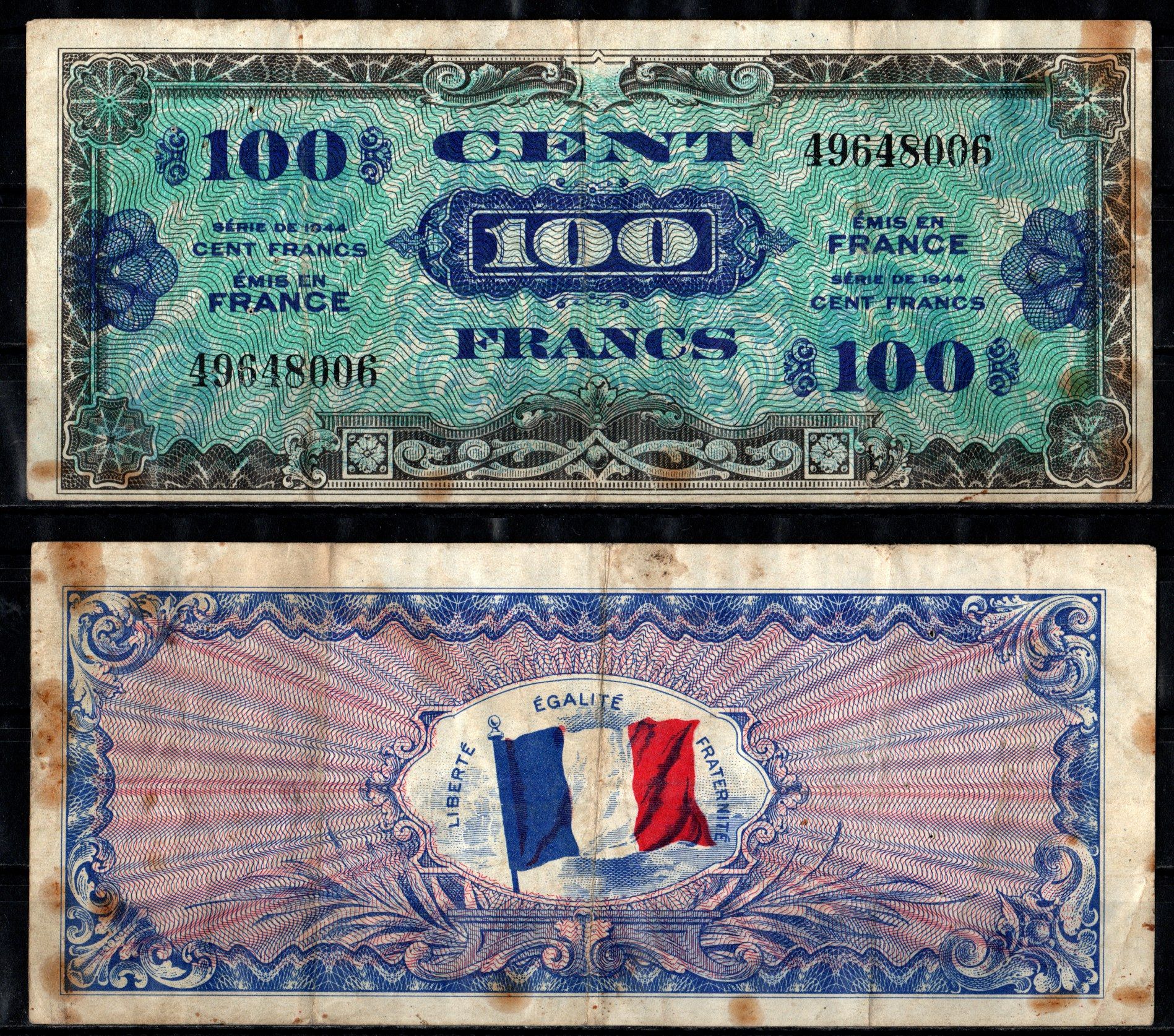 Франция 100 франков 1944 Pick 118 a бумага 8611-18-1-1