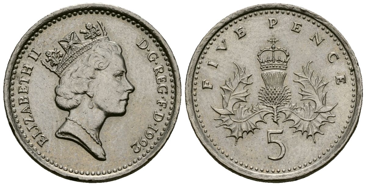 Великобритания 5 пенсов 1992 Елизавета II (1952-2022) KM 937b, Spink 4372 (D4) медно-никель 4173-755
